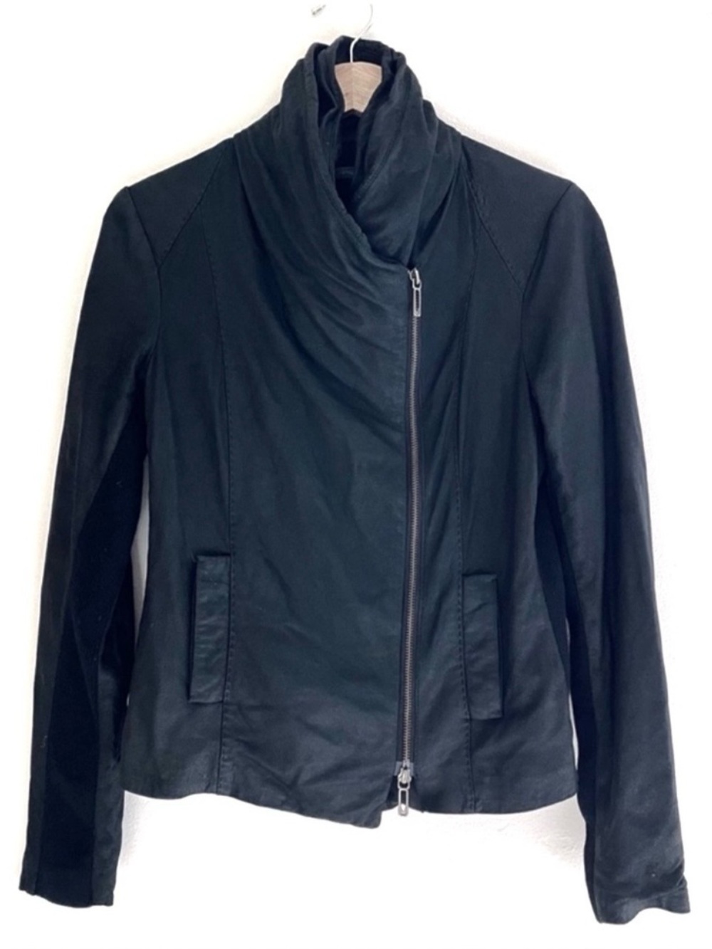 Vince Asymmetrical Moto Scuba Zip Leather Jacket Black Size S